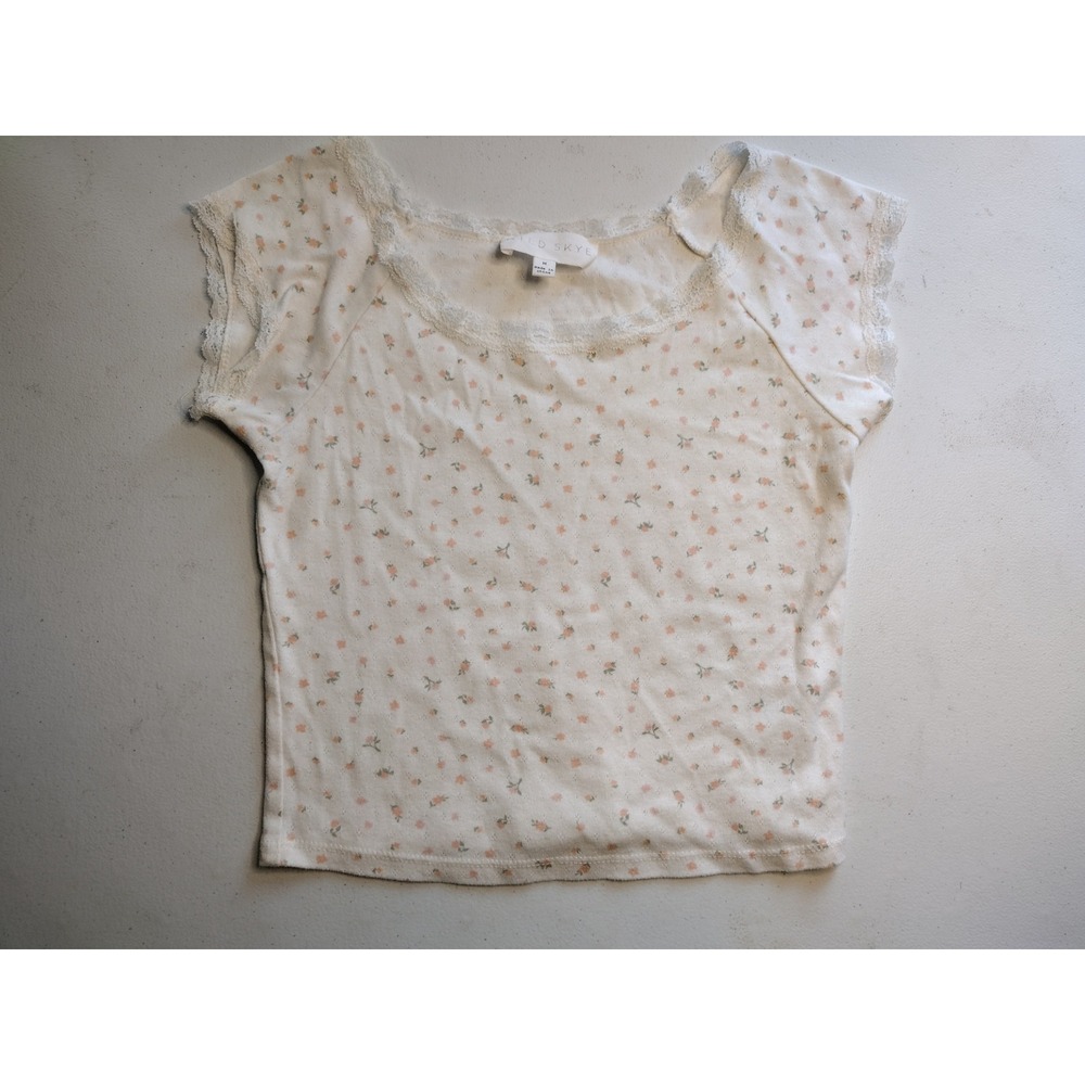 Wild Skye Women Floral Pointelle Lace Trim Scoop Neck Top Cream Peach Size M
